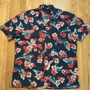 Patrick Assaraf Men's Large Floral Camp Shirt Navy‎ Cotton Aloha Hawaiian Resort